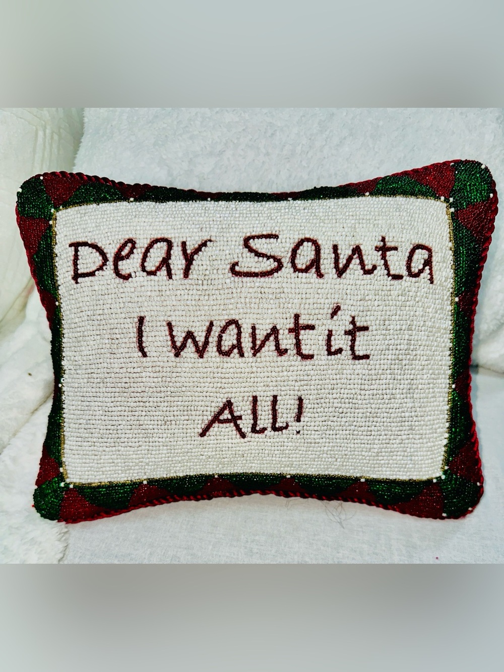 Sudha Pennathur Beaded 'Dear Santa I Want It All!' Pillow - Red & Green